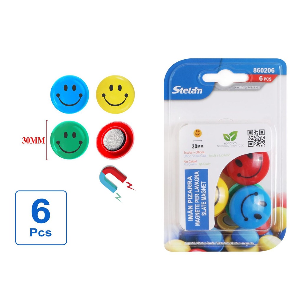 Imán para pizarra con diseño de cara sonriente 6pc 30mm