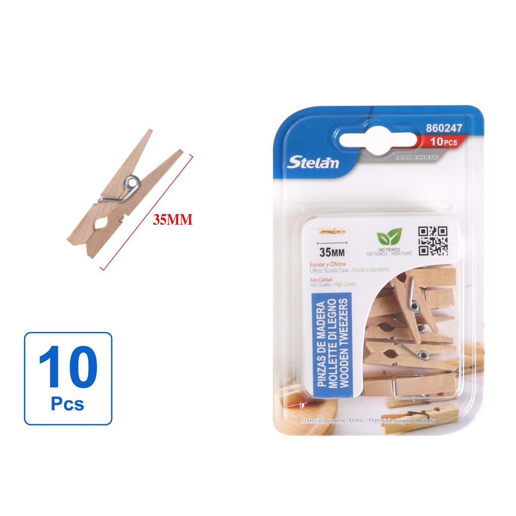 Pinzas de madera natural 35mm 10pcs para manualidades y papelería