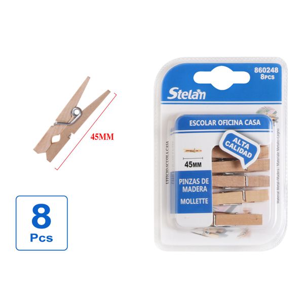 Pinzas de madera 45mm 8pcs para papelería