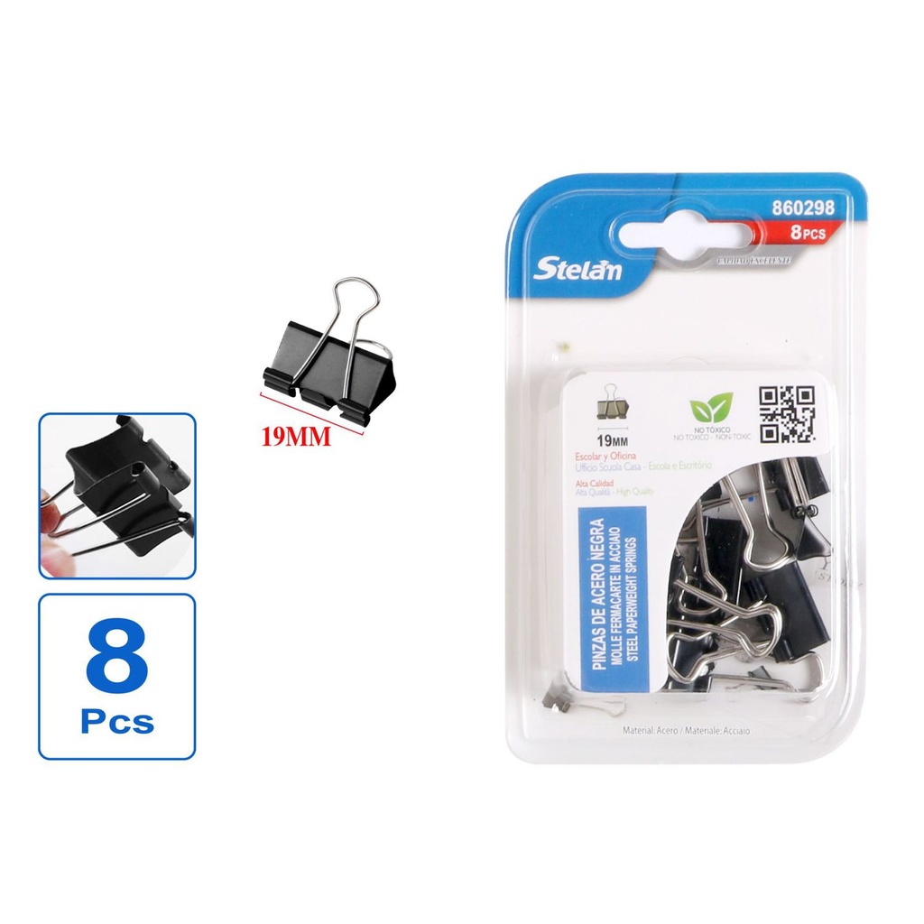 Pinzas de acero negra 19mm 8pcs para oficina y papelería