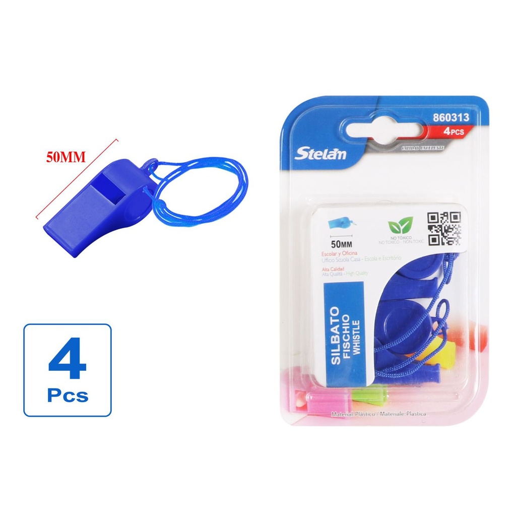 Silbato de plástico pack de 4 azul para actividades