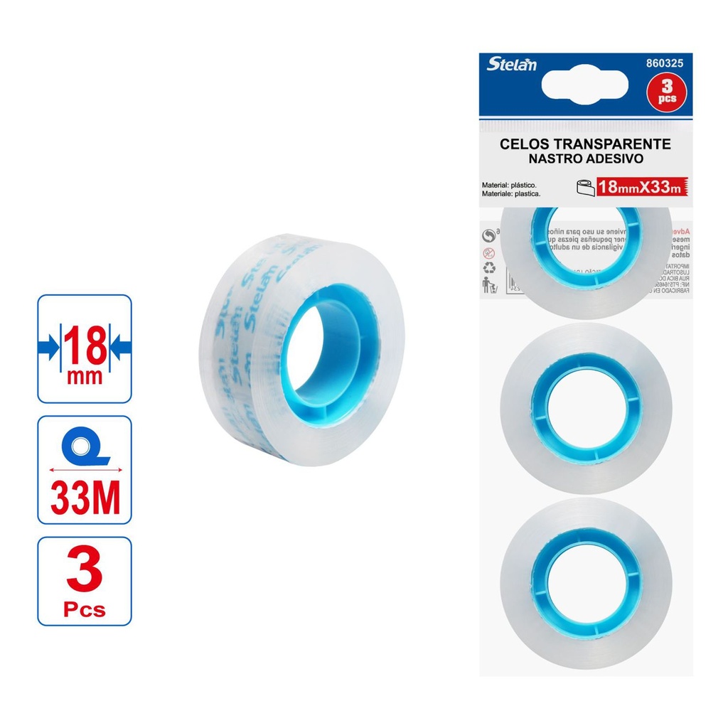 Celo transparente 1.8cm x 33m pack 3pcs para oficina