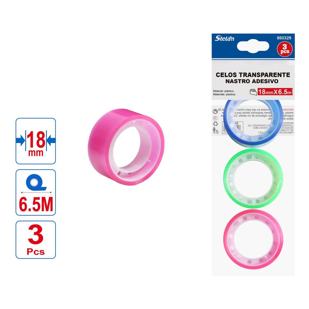 Set de cintas adhesivas transparentes 1.8cm x 6.5m 3pcs para oficina y manualidades