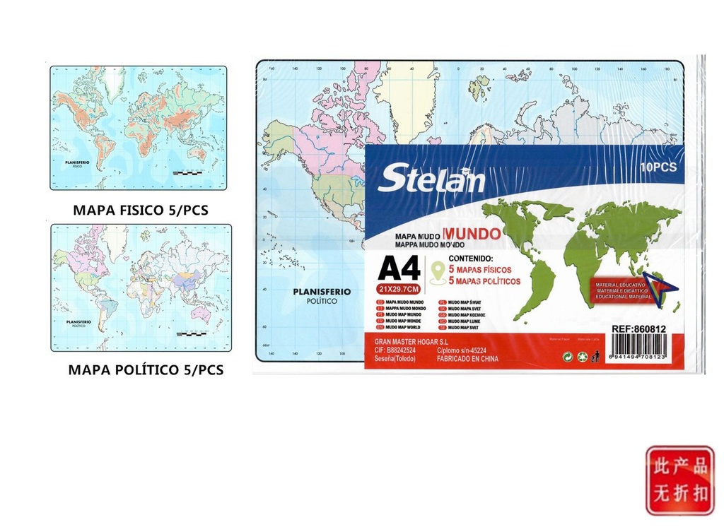 Mapa del mundo A4 para educación