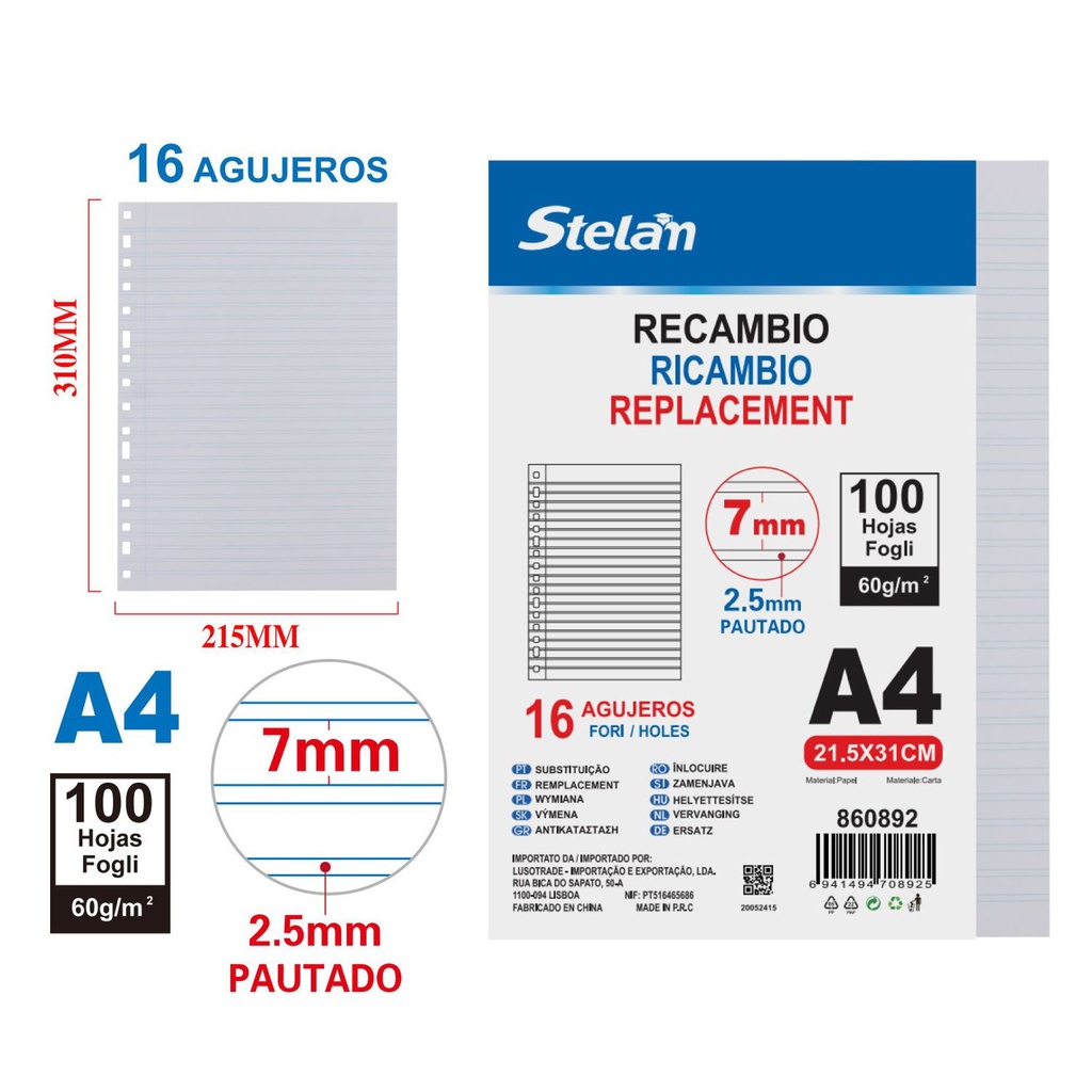 Recambio A4 100 hojas 215x310mm doble línea para archivadores