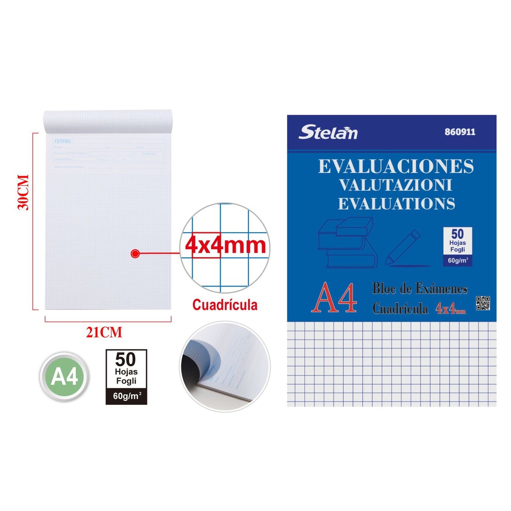 Cuaderno de evaluaciones A4 4x4 50 hojas 60g para exámenes y notas