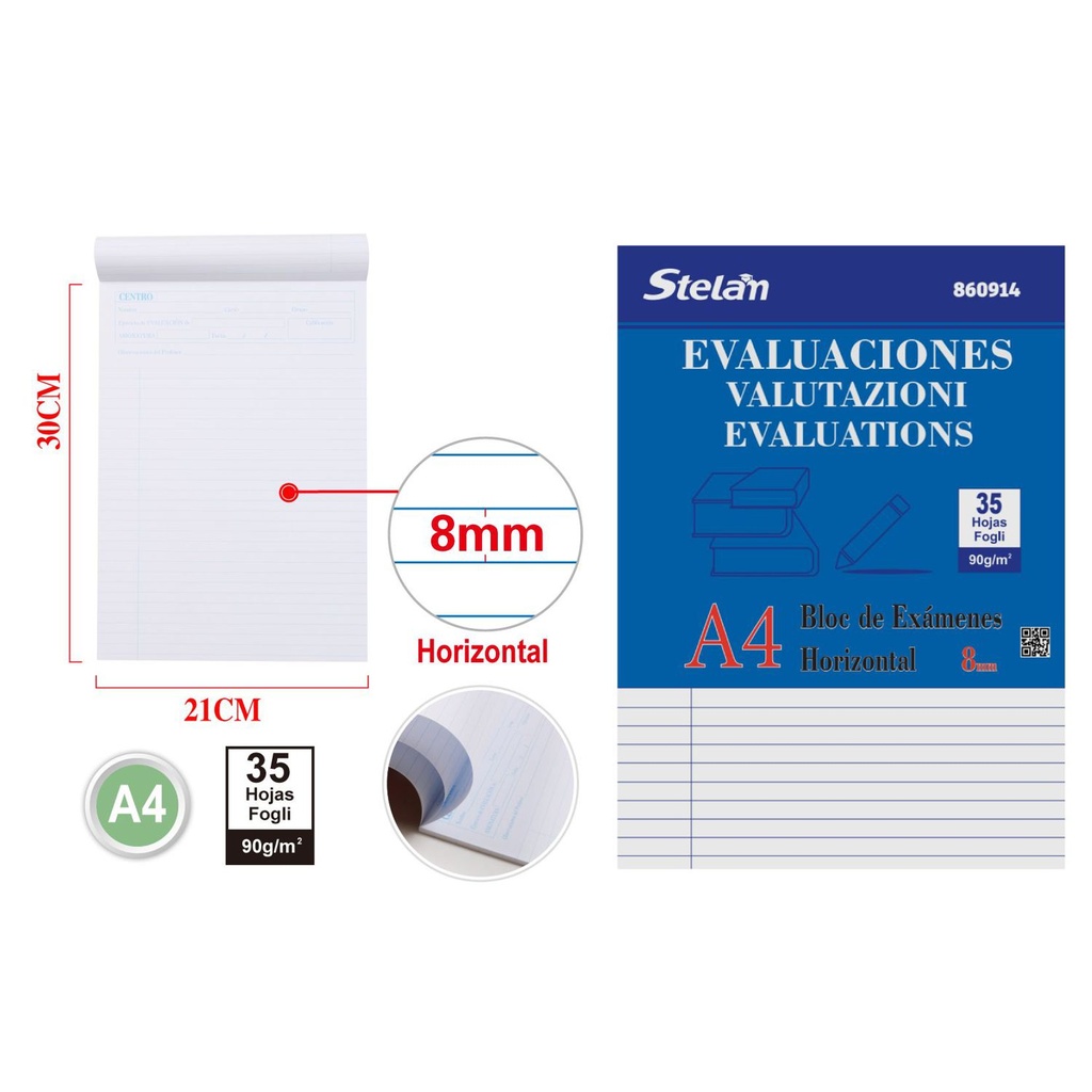 Cuaderno para evaluaciones A4 con líneas 35 hojas 90g