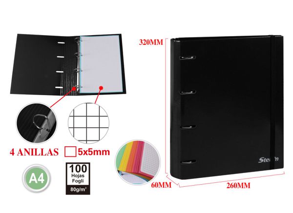Carpeta de 4 anillas con recambios para archivo y organización