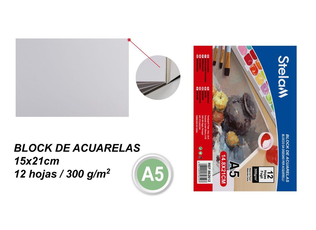 Block de acuarelas A5 14.8x21cm 300g 12 hojas