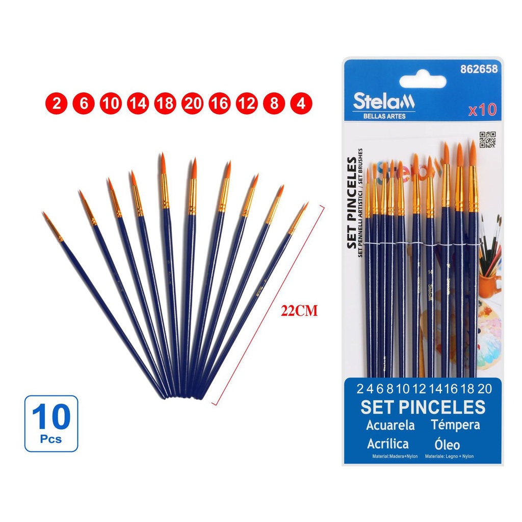 Set de pinceles 10pc con mango azul para pintura y arte