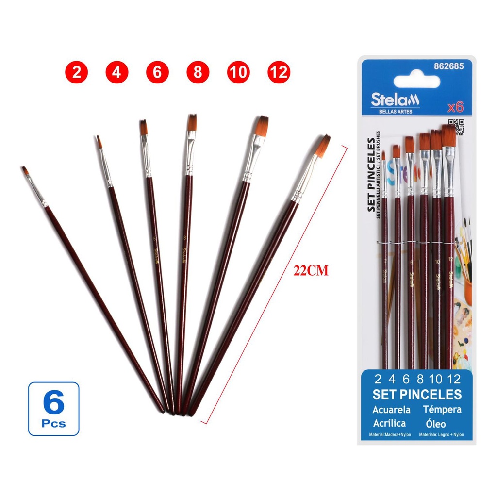 Set de pinceles para pintura 6 piezas, marrón y rojo