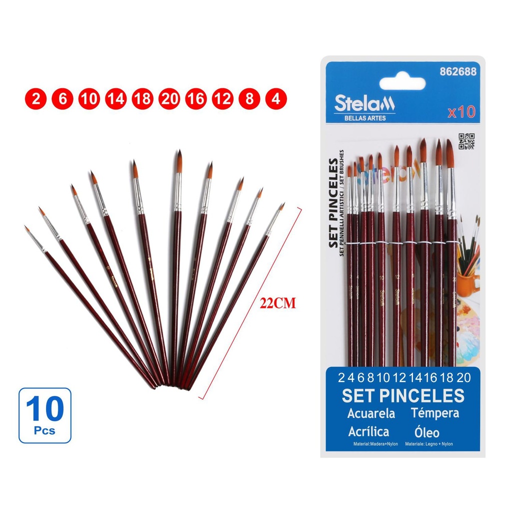 Set de pinceles marrones y rojos para pintura artística 10pcs