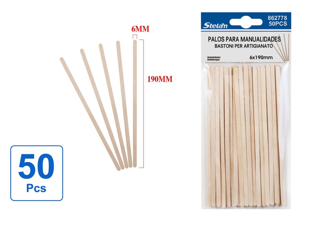 Palos de madera para manualidades 6mmx190mm 50pcs para proyectos creativos