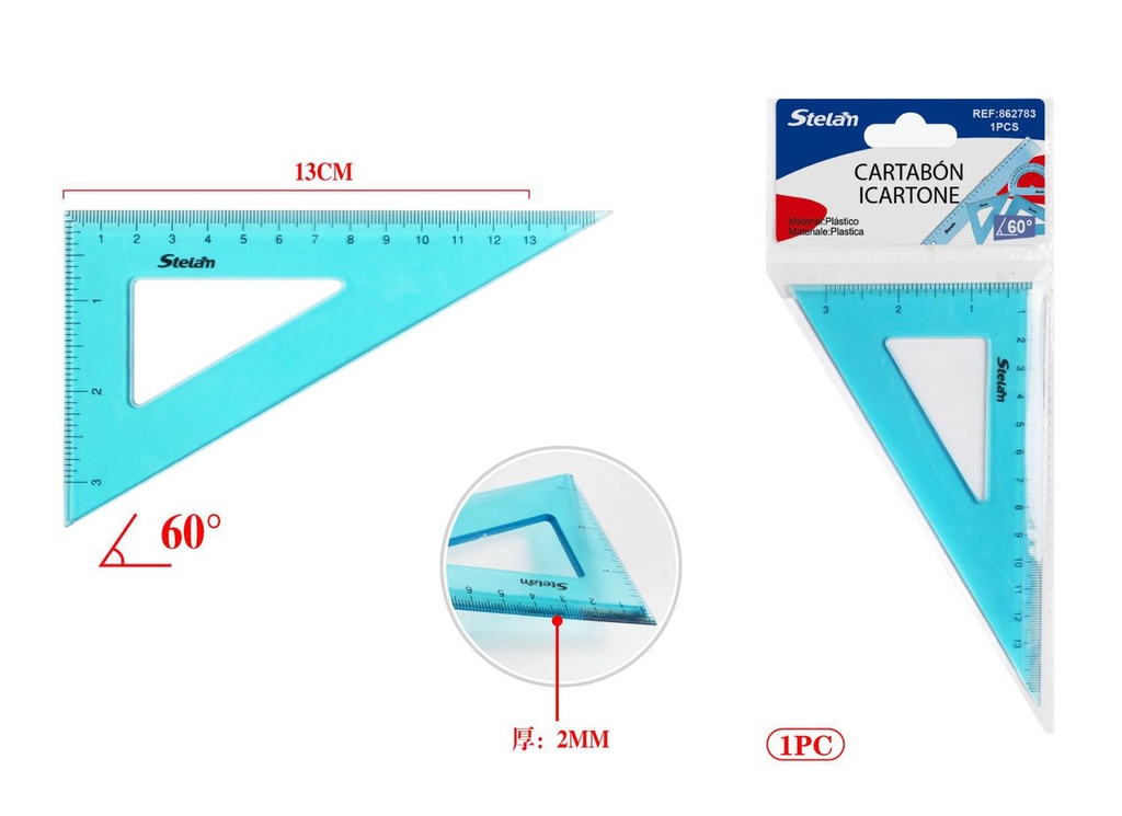 Cartabón rectángulo 60° 13cm para dibujo técnico y escolar