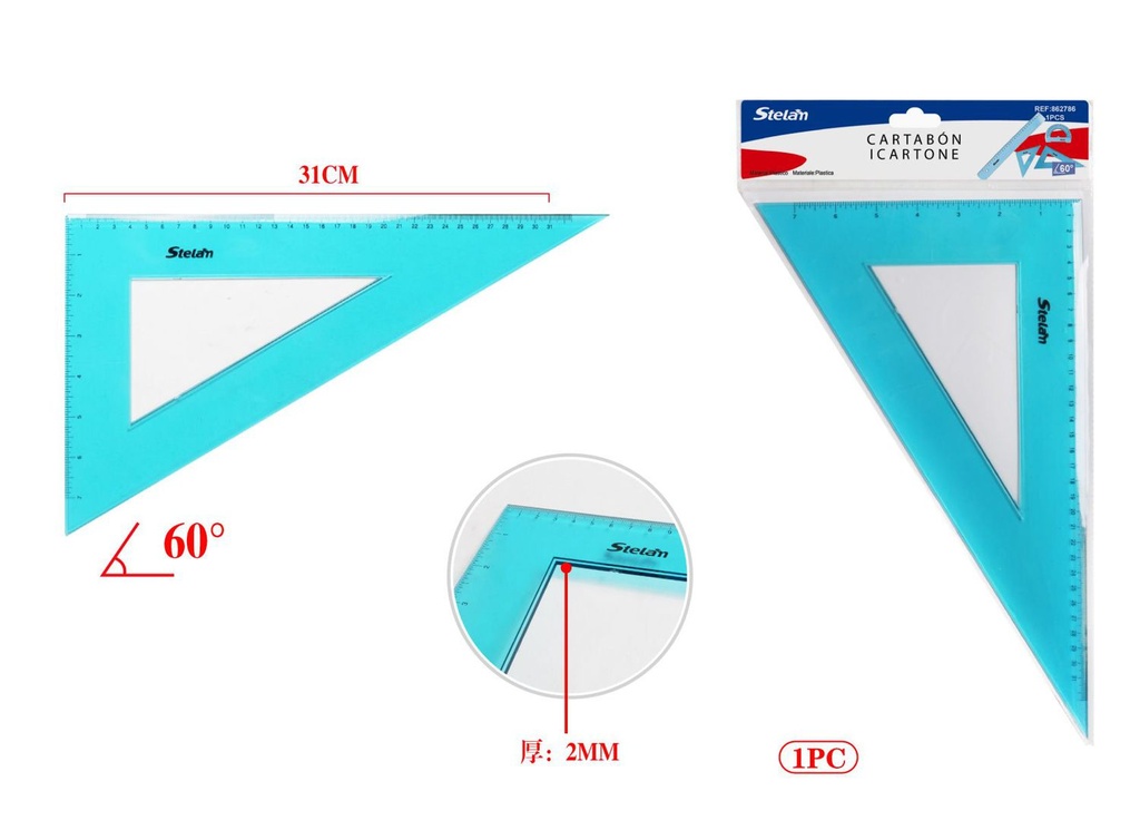 Cartabón de 60° 31cm para material escolar y dibujo técnico