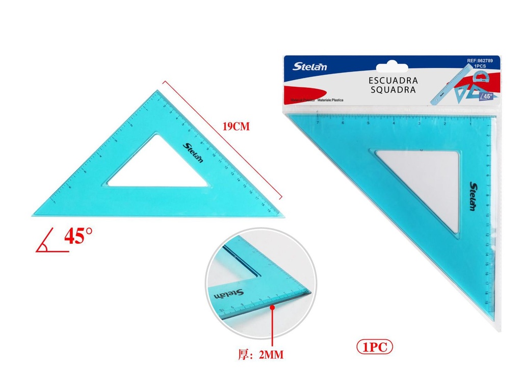 Escuadra de 45° de 19cm para dibujo y construcción