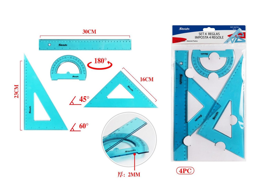 Set de 4 reglas para dibujo y geometría