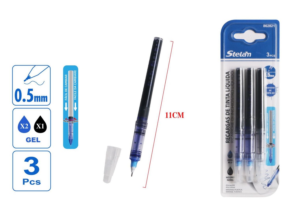 Recargas de tinta líquida 0.5mm 3pcs azul x2 negro x1 para bolígrafos