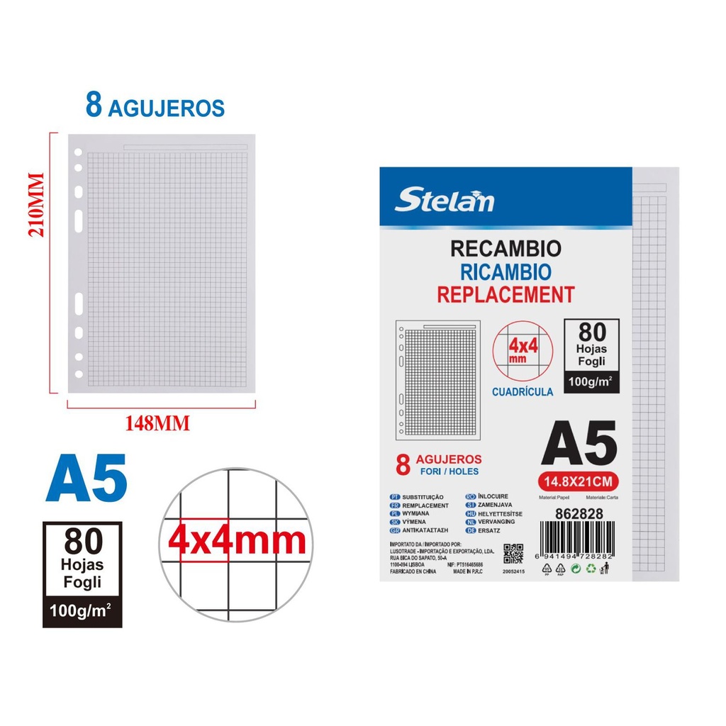 Recambio A5 80 hojas 100g cuadrícula 4x4mm