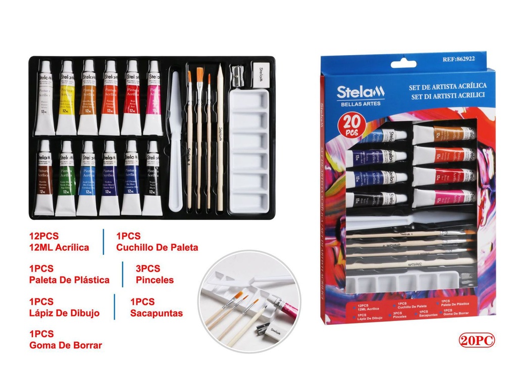 Set de artista con pinturas acrílicas 20pcs