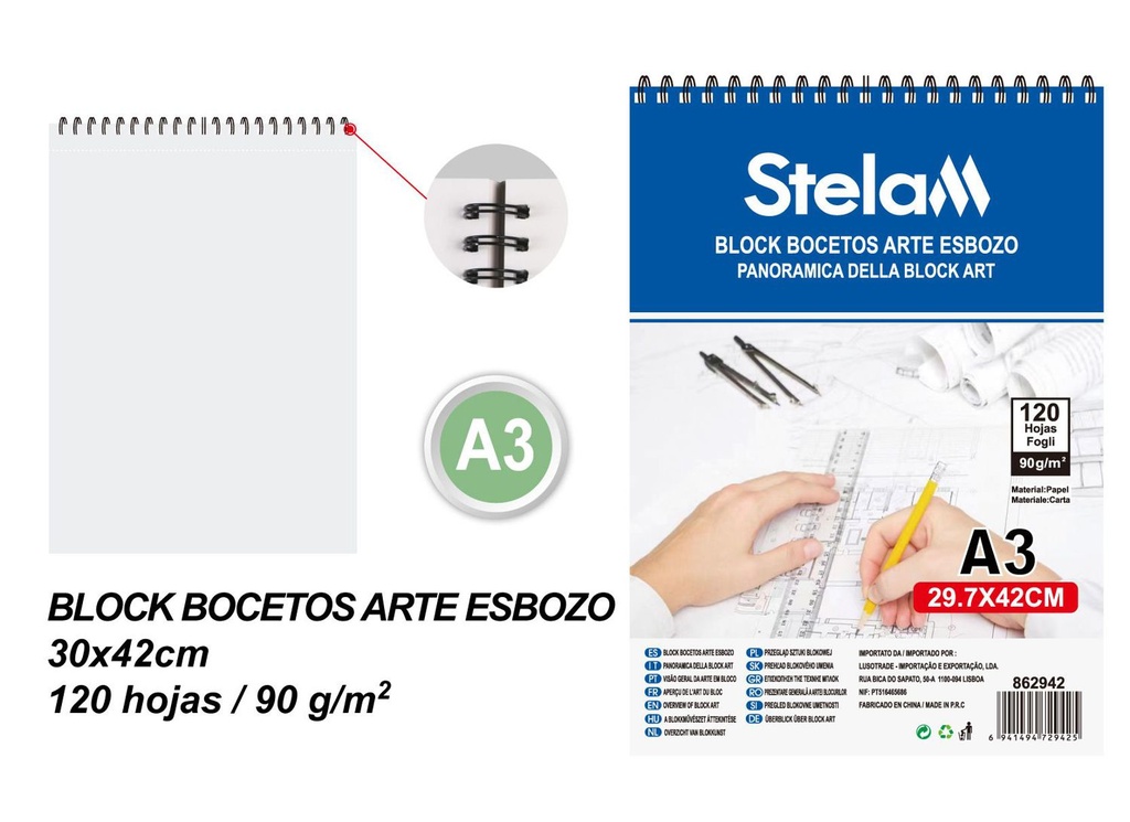 Block de bocetos Arte Esbozo 90g A3 120 páginas para dibujo