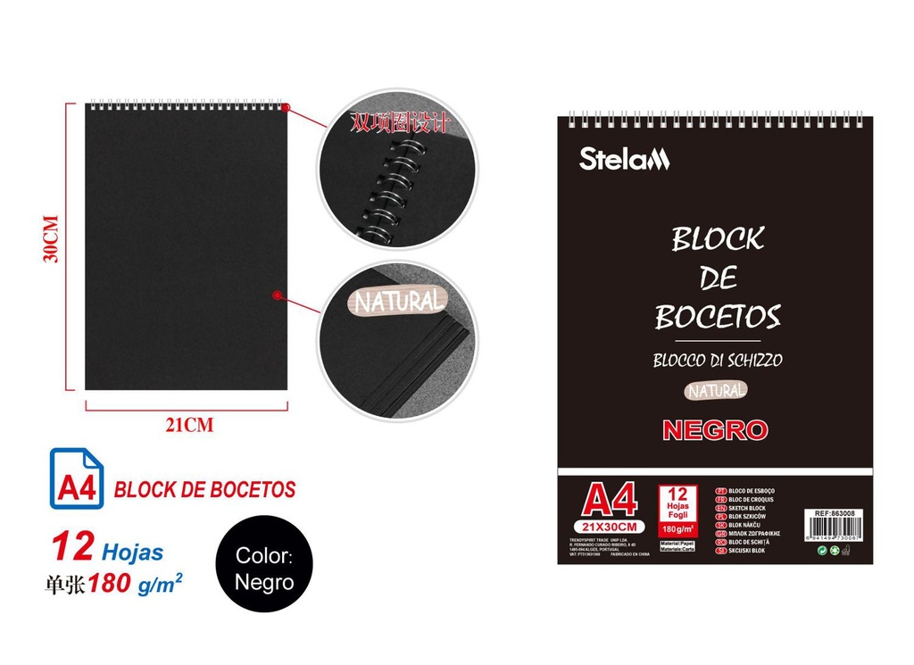 Block de bocetos A4 12 páginas 180g para dibujo y arte