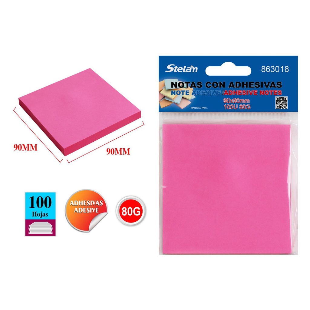 Notas adhesivas fluorescentes 90x90mm 100 hojas rosa