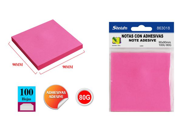 Notas adhesivas fluorescentes 90x90mm 100 hojas rosa