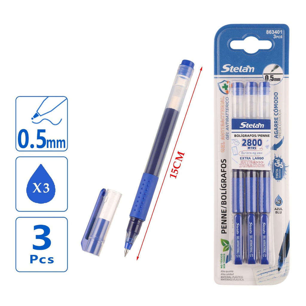 Bolígrafos antibacterianos de tinta gel 0.5mm azul 3pcs