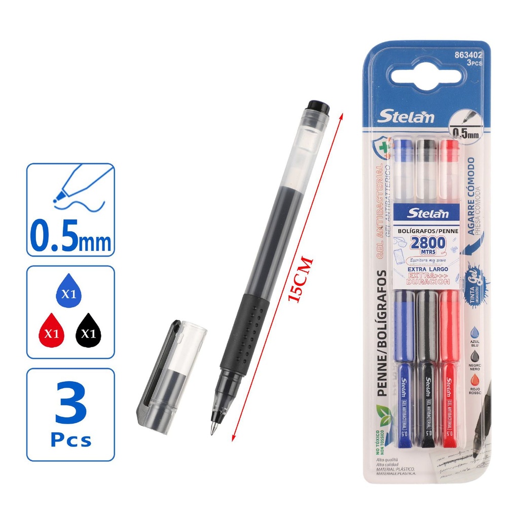 Bolígrafos 0.5mm negro rojo azul 3pc, útiles de escritura