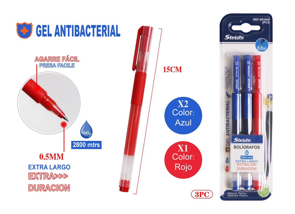 Bolígrafos antibacterianos 0.5mm azul y rojo 3pcs