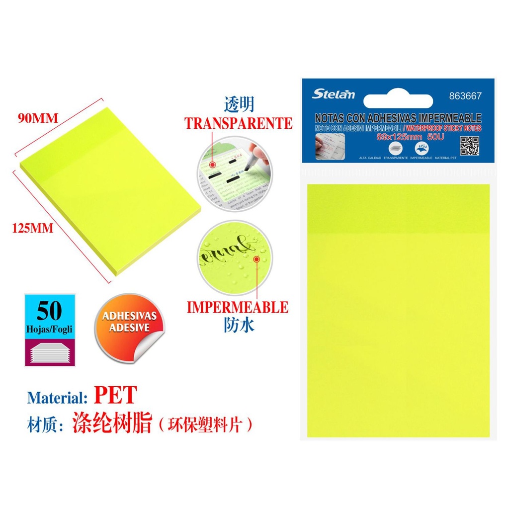 Notas adhesivas impermeables fluorescentes 89x125mm 50 hojas para oficina