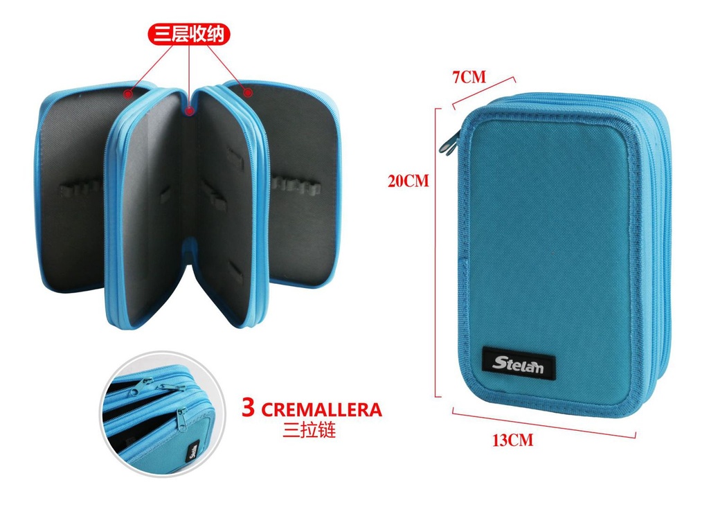 Estuche con 3 cremalleras para material escolar