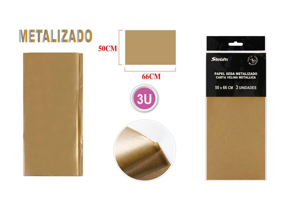 Papel seda metalizado 50.8x66cm dorado para manualidades y regalos