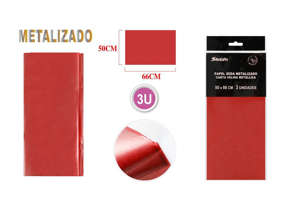 Papel de seda metalizado rojo 50.8x66cm, 3pcs