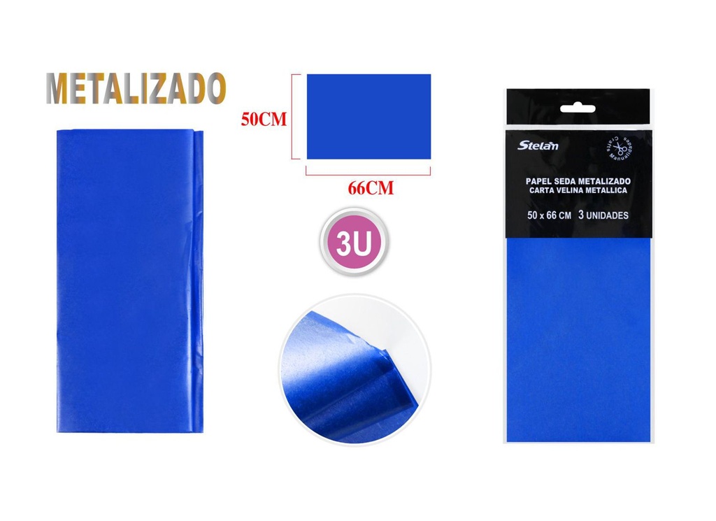 Papel de seda metalizado azul 50.8x66cm 3pcs para manualidades