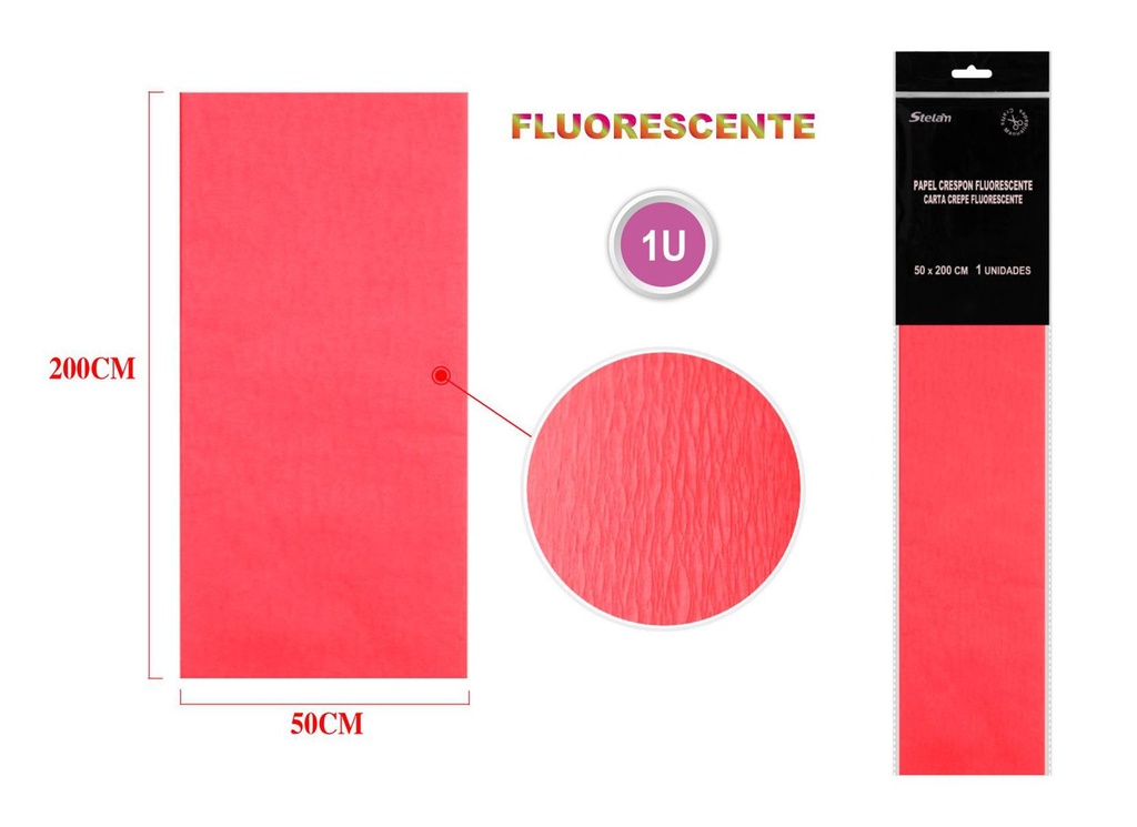 Papel crespón fluorescente rojo 50x200cm para manualidades