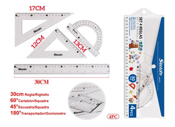 Set de 4 reglas de plástico 30cm para dibujo y medición