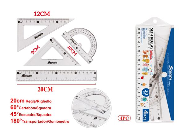 Set de reglas escolares 20cm 4 piezas, material escolar