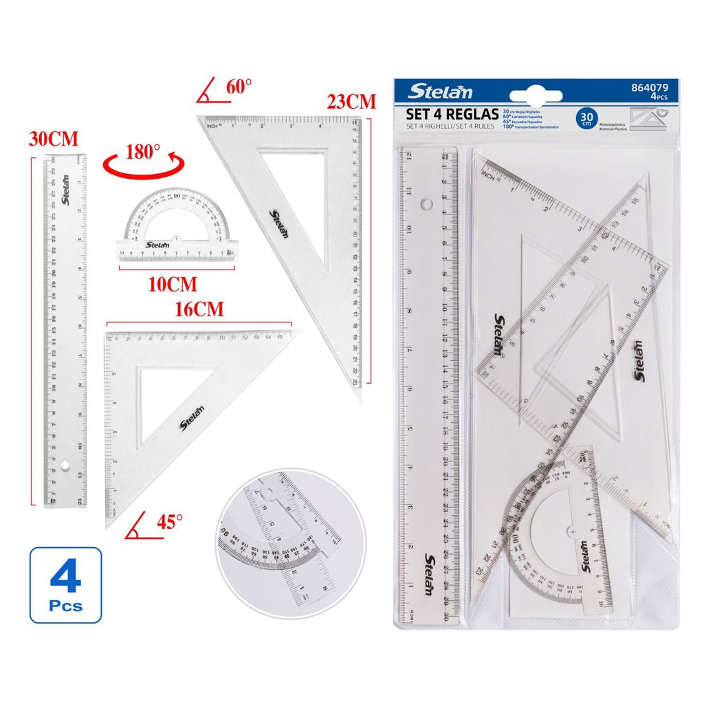 Set de 4 reglas de plástico 30cm para dibujo y medición