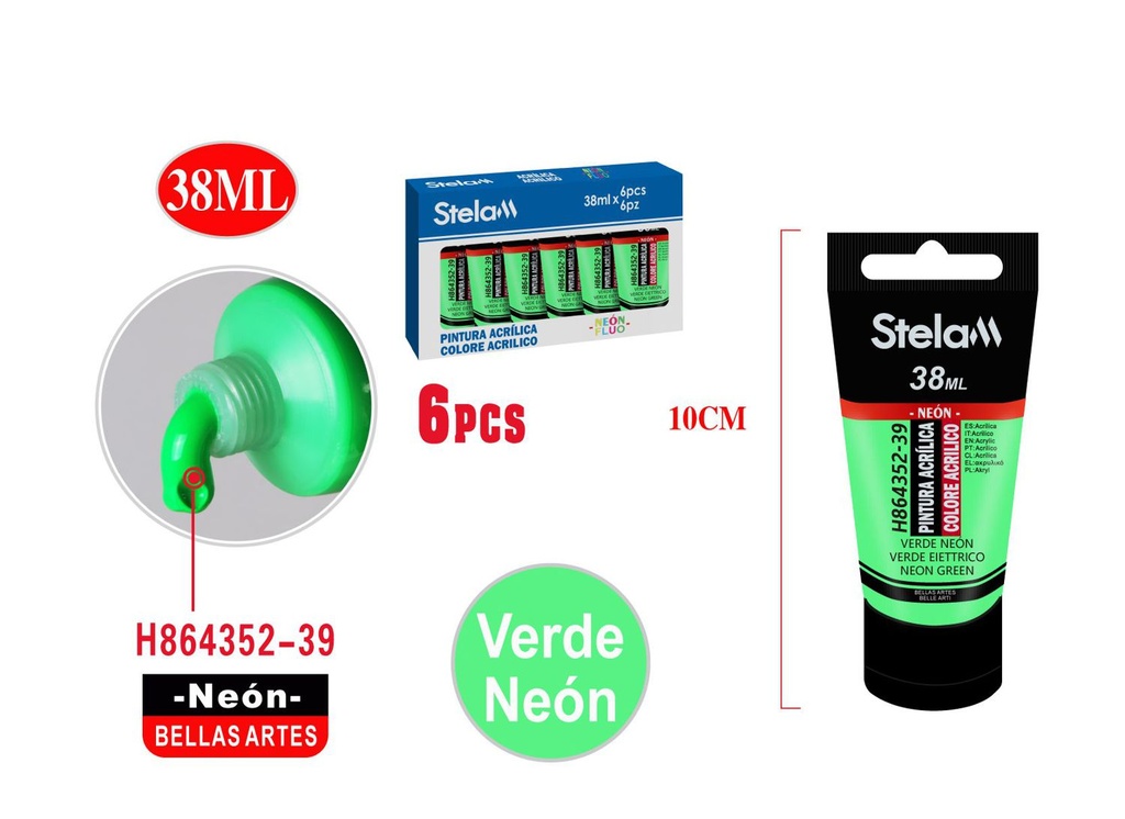 Pintura acrílica neón 38ml verde brillante para arte y manualidades