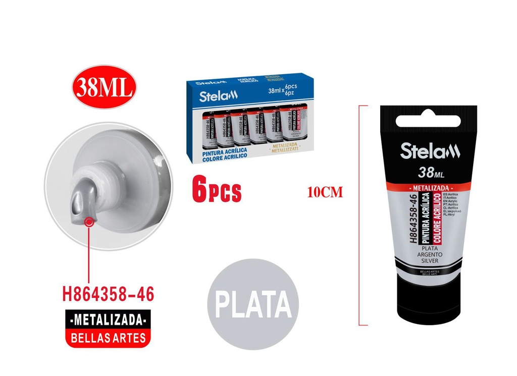 Pintura acrílica metalizada plata 38ml para arte y manualidades