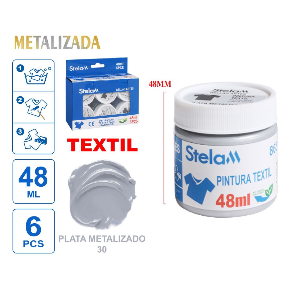 Pintura textil 48ml plata metalizado para decoración