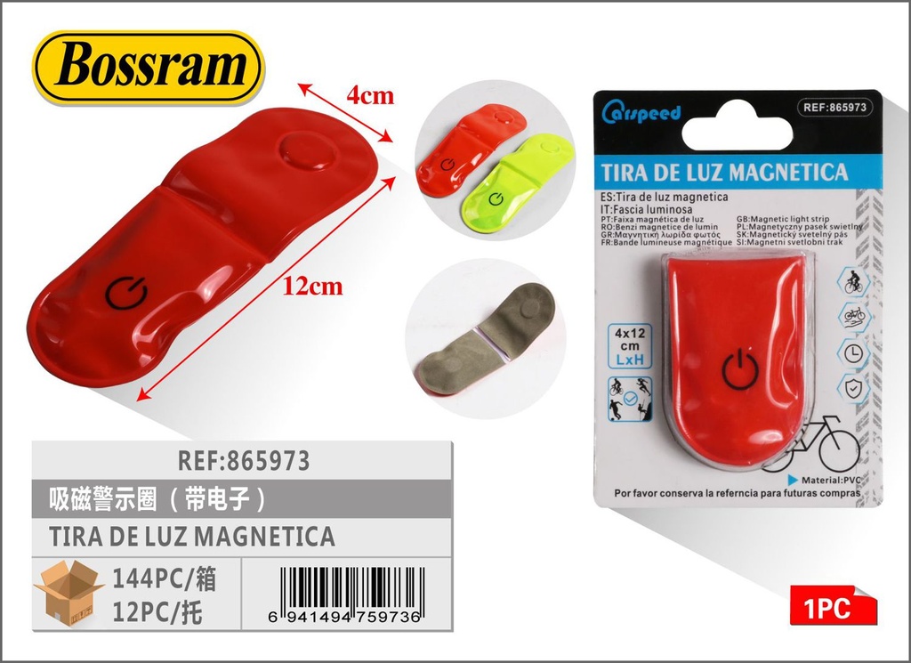 Tira de luz magnética con advertencia 4x12cm para coche y bicicleta