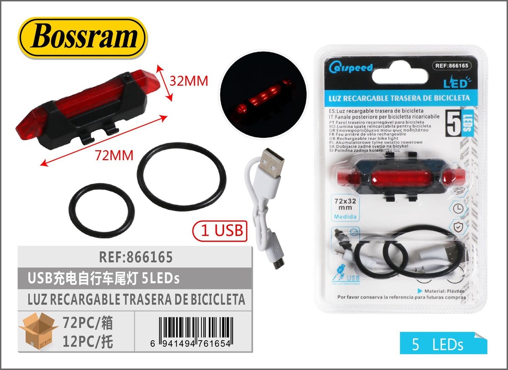 Luz recargable trasera de bicicleta 72x32mm 5 LEDs