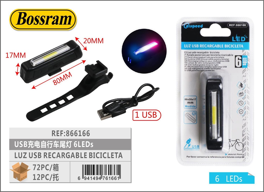 Luz trasera USB recargable para bicicleta 80x20x17mm 6 LEDs