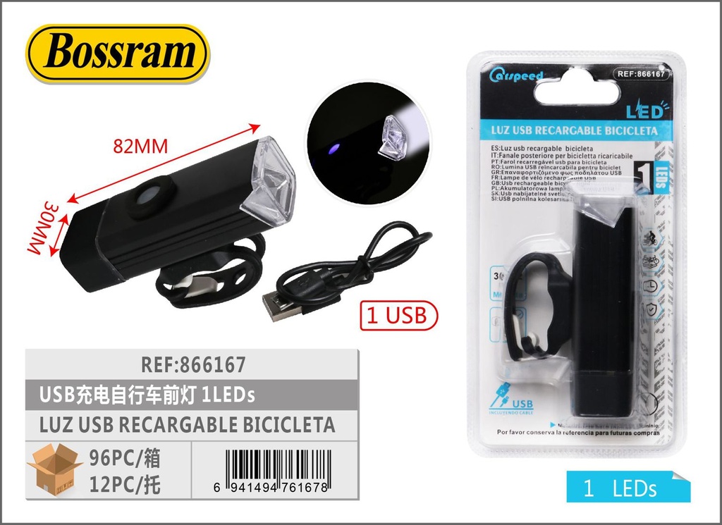 Luz USB recargable para bicicleta 1LED para seguridad