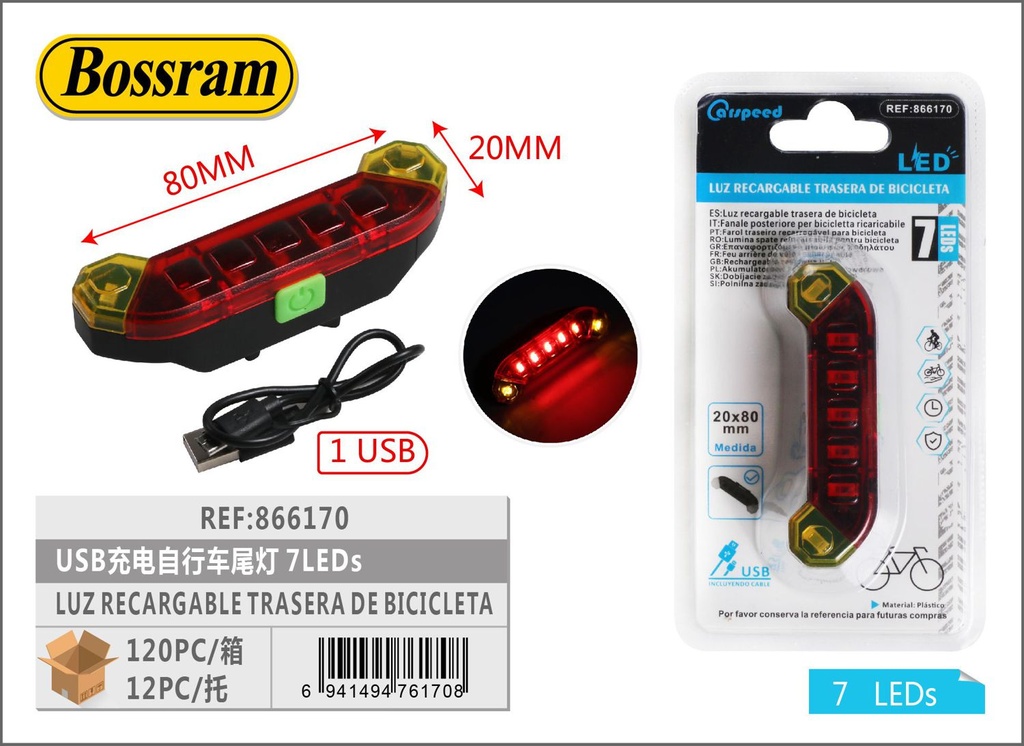 Luz trasera recargable para bicicleta 7LEDs para seguridad vial