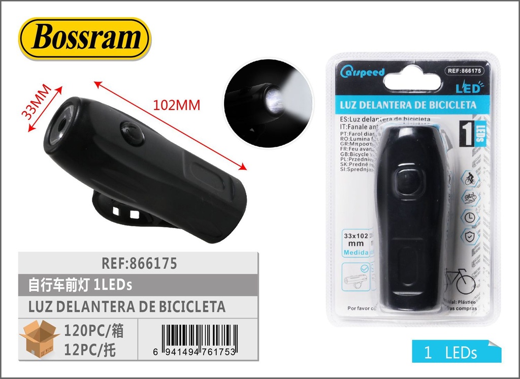 Luz delantera de bicicleta 33x102mm 1 LED