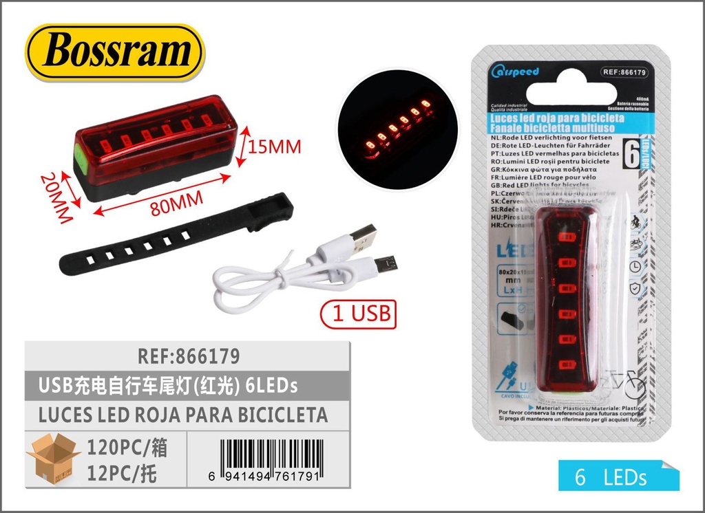 Luz trasera LED roja USB para bicicleta 80x20x15mm 6 LEDs